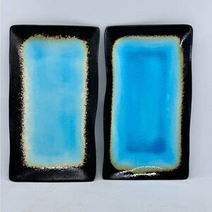2 World Market Handmade Japanese Ceramic Fire Glazed Teal Crackle Sushi Plates